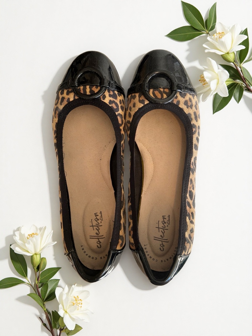 Leopard Print Ballet Flats with Black Patent Trim